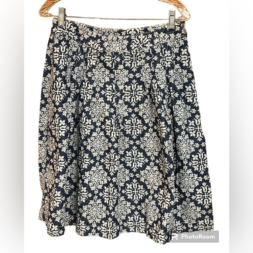 Christopher & Banks Pleated Denim Cotton Blue/White Paisley Print Full Skirt S 6